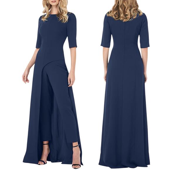 Kay Unger Davina Stretch Walk Thru Jumpsuit Midnight Blue Size 4 - Picture 2 of 12